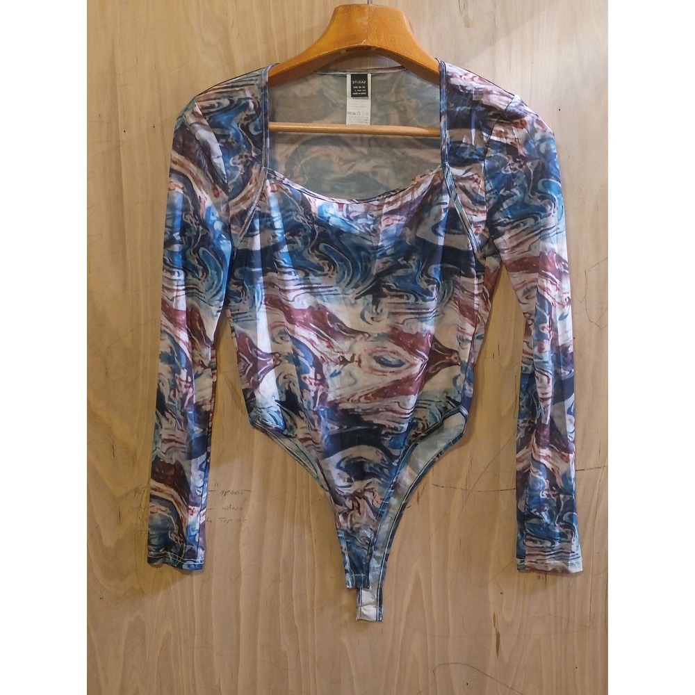 Stugaz Blue Burgundy Marble Mesh Long Sleeve Bodysuit Square Neck Large